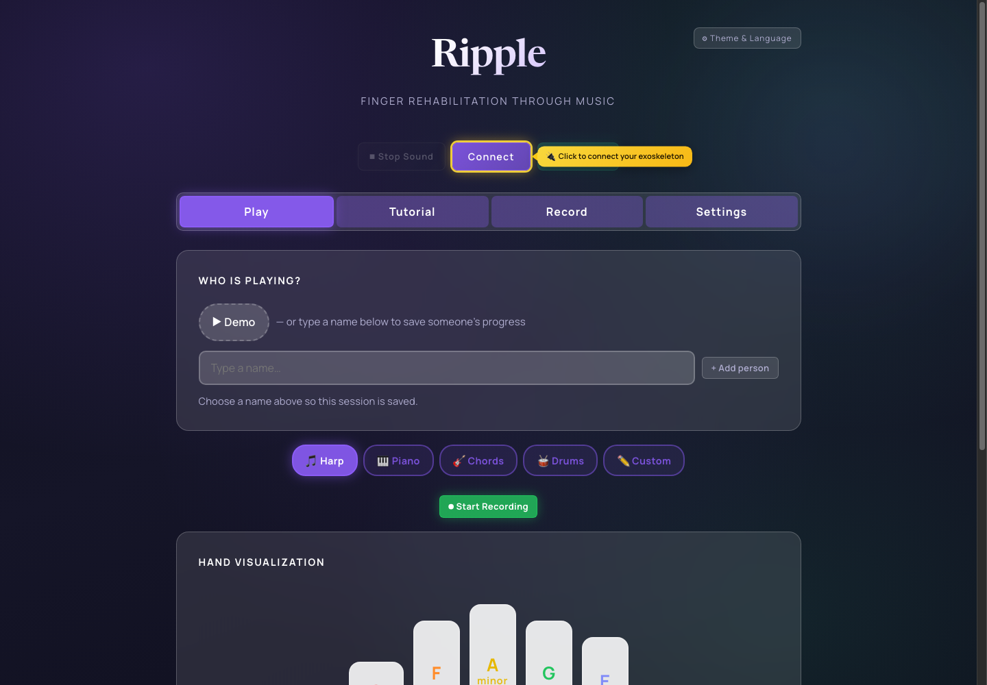 Ripple's browser app with connection controls, musical presets, recording, and live hand visualization